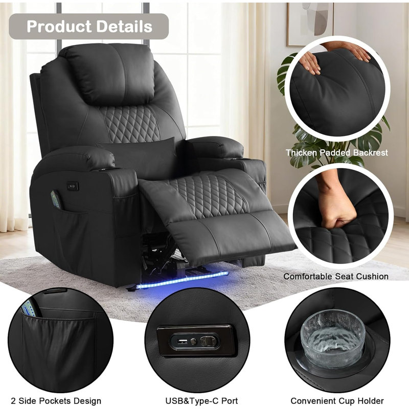 Power Recliner Chair with Massage and Heat,Faux Leather Electric Reclining Recliners Chair with LED Lights,Lumbar Pillow,USB Port for Living Room