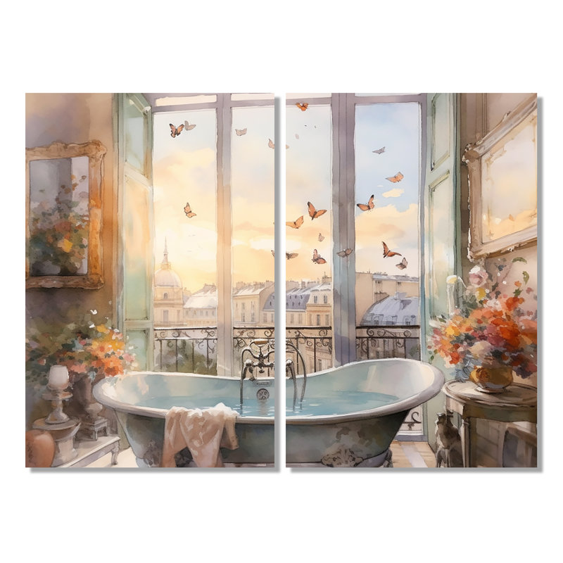 «Bathroom Whispering Butterflies I», art mural moderne doré, H 36 po x l 48 po, Toile tendue, Ne s’applique pas