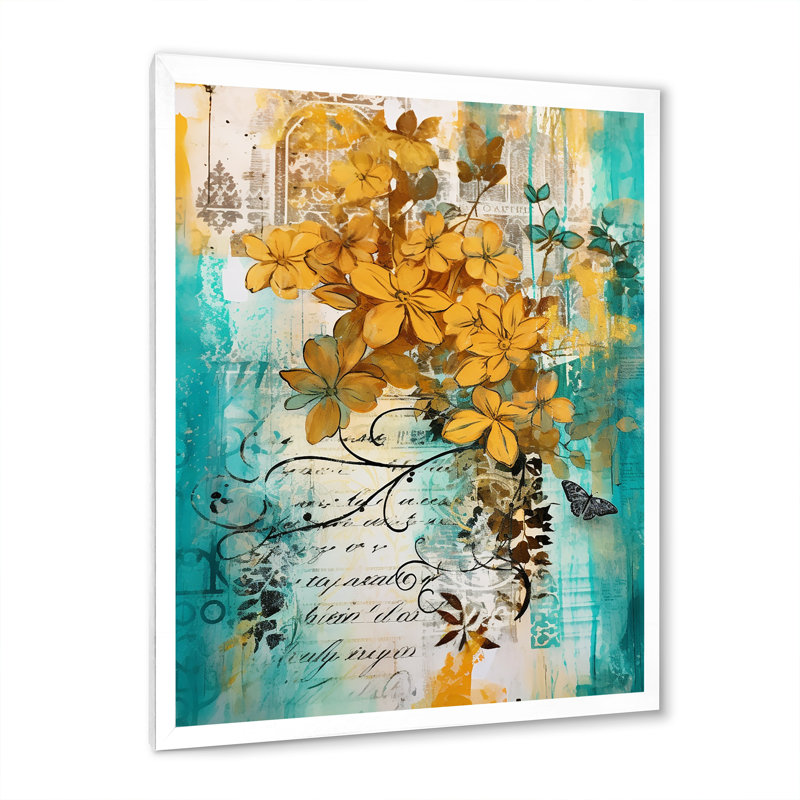 Fleurs jaunes sur turquoise, H 32 po x l 24 po x P 1 po, Cadre photo blanc
