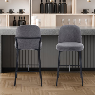 Modern Counter Height Bar Stools Set of 2, 28 Inch Sherpa Boucle Upholstered Bar Stools with Back, 18" Seat Wide Island Stools with Black Metal Frame for Kitchen Counter/Breakfast Bar