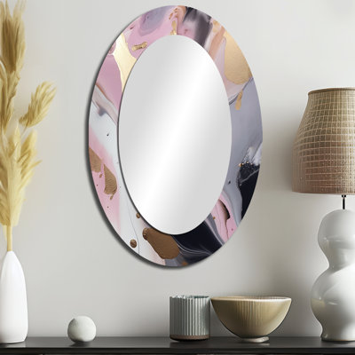 Pink And Gold Inner Worlds Of Marble I - Abstract Oval Decorative Mirror On Metal