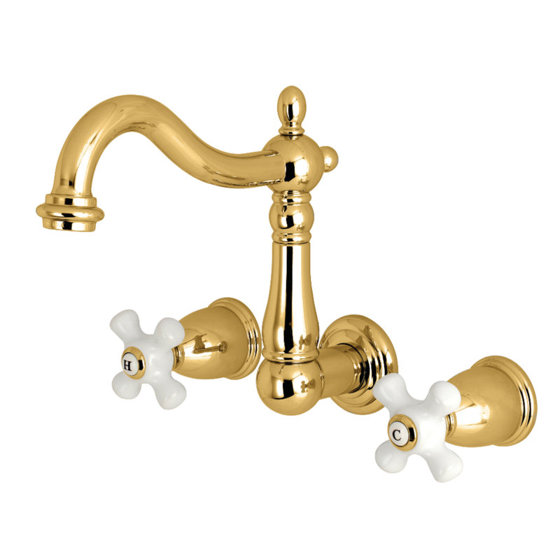 Kingston Brass Heritage Two-Handle 3-Hole Wall Mount Bathroom Faucet, Polished Brass