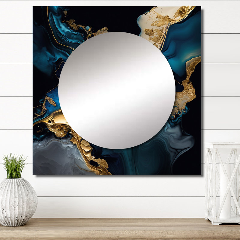 «Abstract Geode Marble Blue IV» - Grand miroir carré abstrait en marbre pour décoration murale, 23 po x 23 po