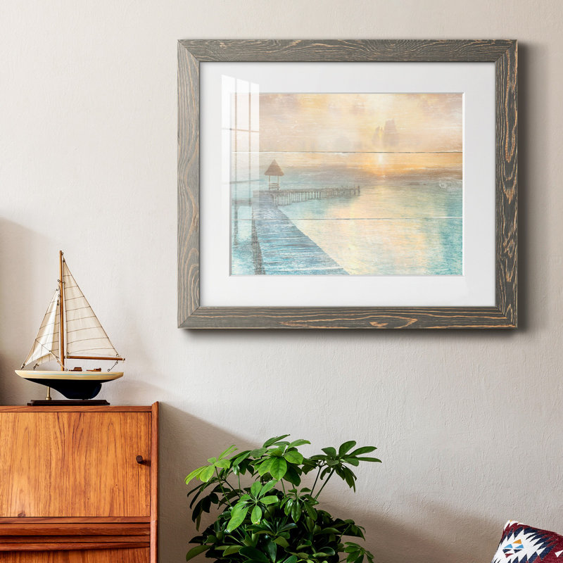 «Gather at the Beach» - Peinture encadrée, H 31 po x l 44 po x P 1 po, Encadré gris