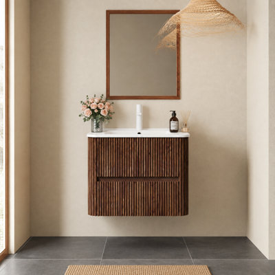 Meuble-lavabo de 61 cm avec lavabo, armoire de rangement murale flottante en contreplaqué rayé avec 2 tiroirs, lavabo rectangulaire en céramique blanche, sans robinetterie, préassemblée