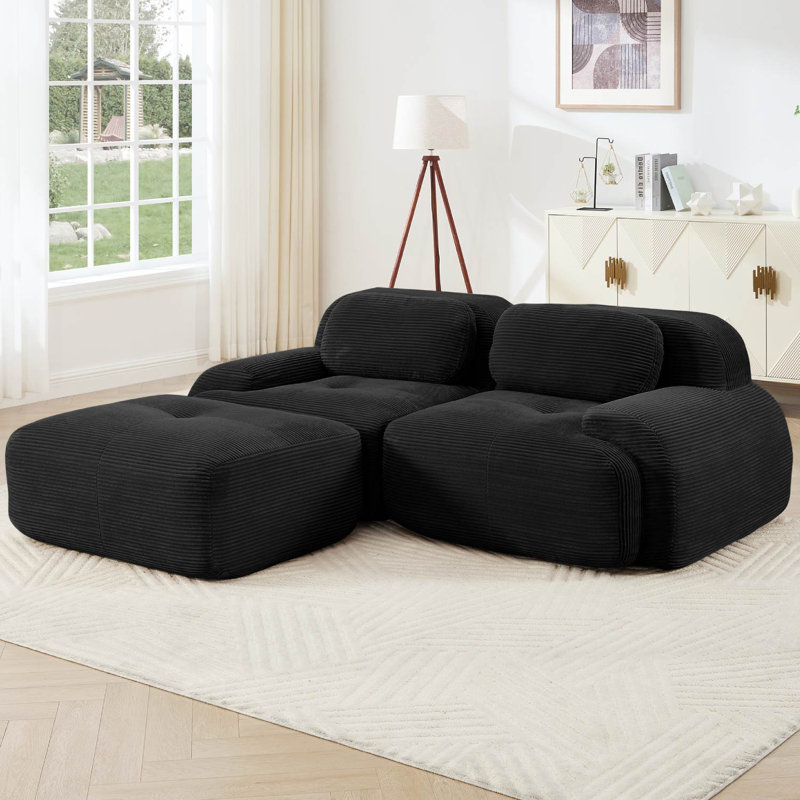 Canapé modulaire en L 82 po avec repose-pieds en velours côtelé, Noir