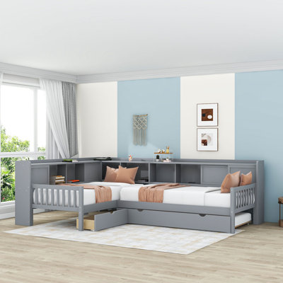 Twin Wooden L-shaped Platform Bed with 1 Drawers, Twin Trundle and Shelves