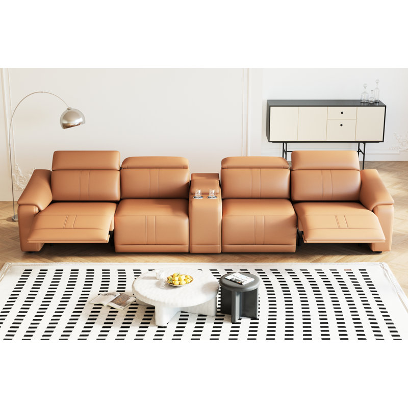 Canapé modulaire en cuir orange 5 pièces avec espace de rangement et sièges inclinables électriques, confortable pour un espace de vie principal, style moderne, rembourrage en coton technique,