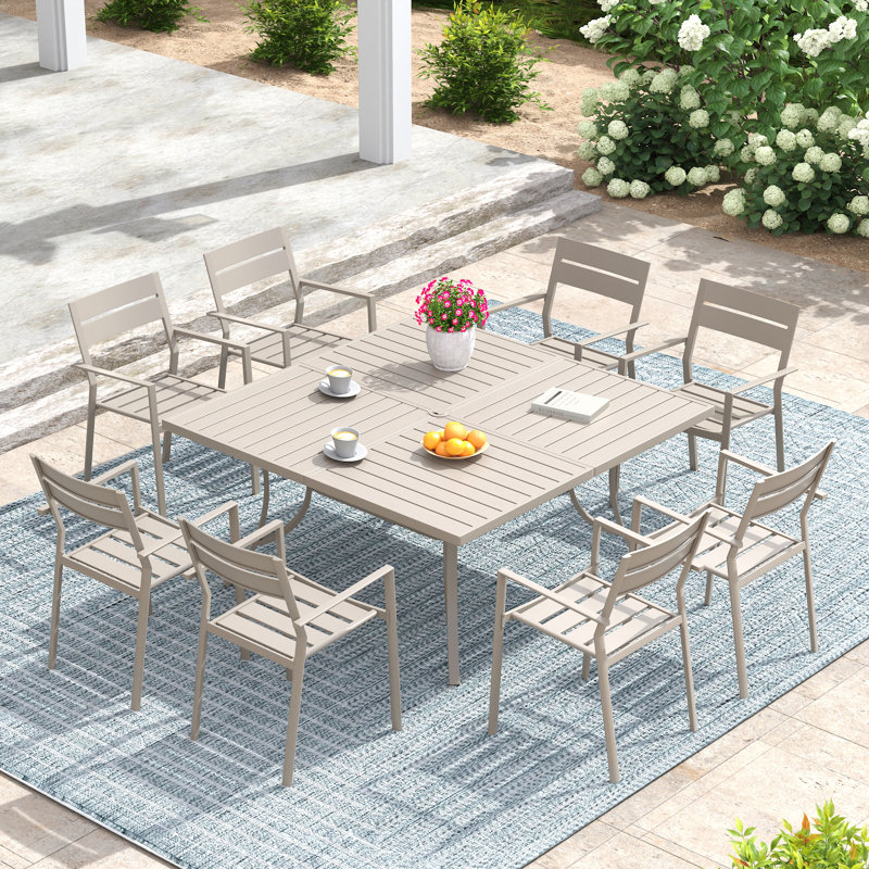 8-Person Square Patio Dining Set with 59" Dining Table and 8 Stackable Dining Chairs, Beige