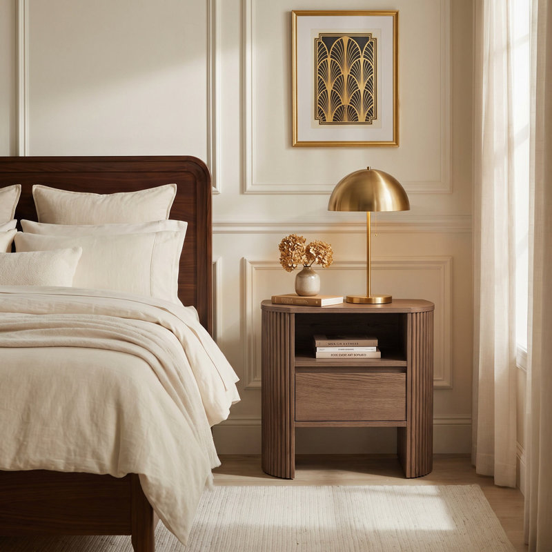 Fluted 1-Drawer Bedside Table with Open Shelf, Light Walnut