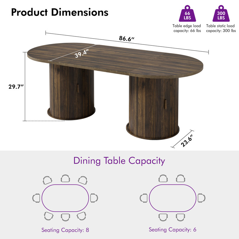 86.6'' Modern Oval Dining Table with Double Storage Shelves&Sliding Doors  for 6-8 People,Walnut, Walnut