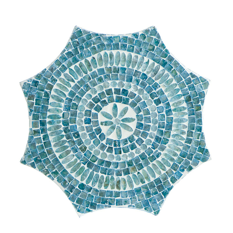 Handcrafted Capiz-Inlay Pedestal Stool with Starburst Motif and Floral Textured Base – Versatile Accent Furniture Piece