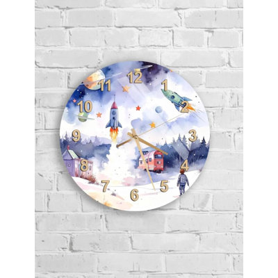 Watercolor Rocket Tempered Glass Wall Clock, Kids Room Decor, Nursery Wall Art, Space Theme Clock, Modern Home Decor, Unique Wall Clock