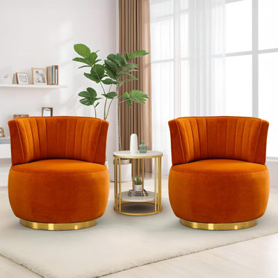 Esung 362-Degree Swivel Barrel Chair, Modern Velvet Round Upholstered Accent Chair with Gold Base for Living Room & Nursery, Orange