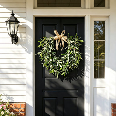 Couronne de feuilles d'olivier artificielles avec nœud rustique en toile de jute, 50 cm (19,69 po), fausse verdure à suspendre pour porte d'entrée, mur, décoration de maison de style champêtre et décoration de mariage