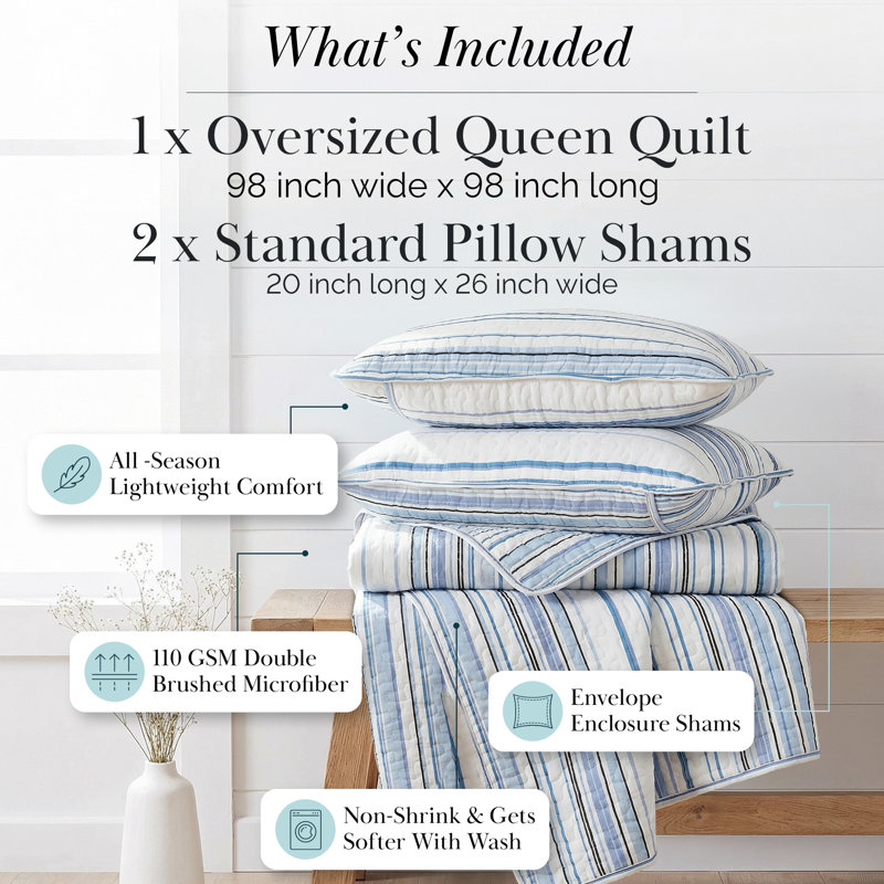 Coastal Stripes Collection Reversible Quilt Set, Blue, Queen Quilt + 2 Standard Shams