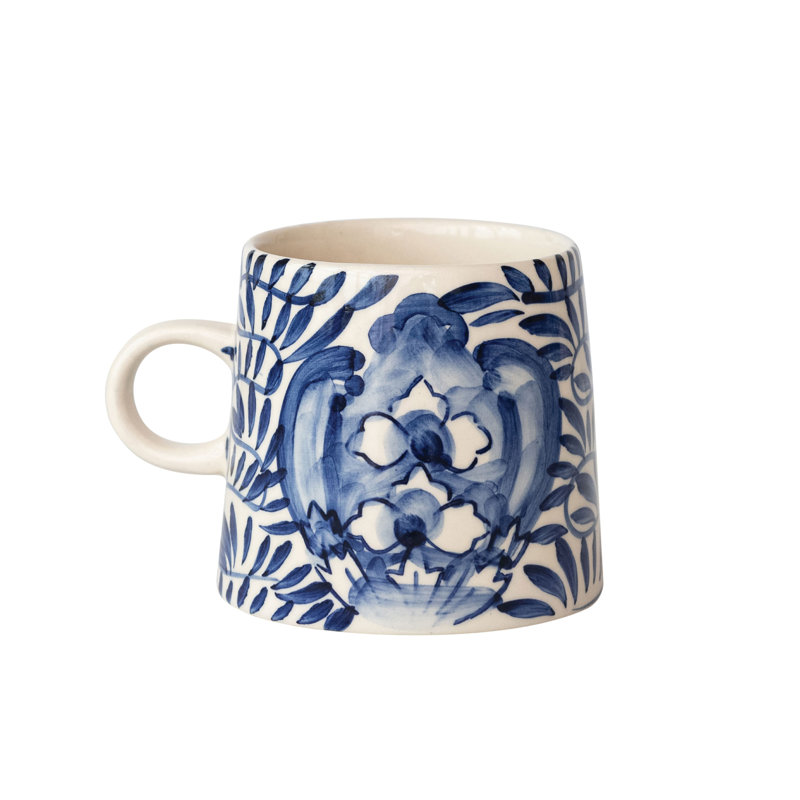 Grande tasse en grès de 10 onces peinte à la main avec motif géométrique, couleur crème et bleu, ensemble de 4