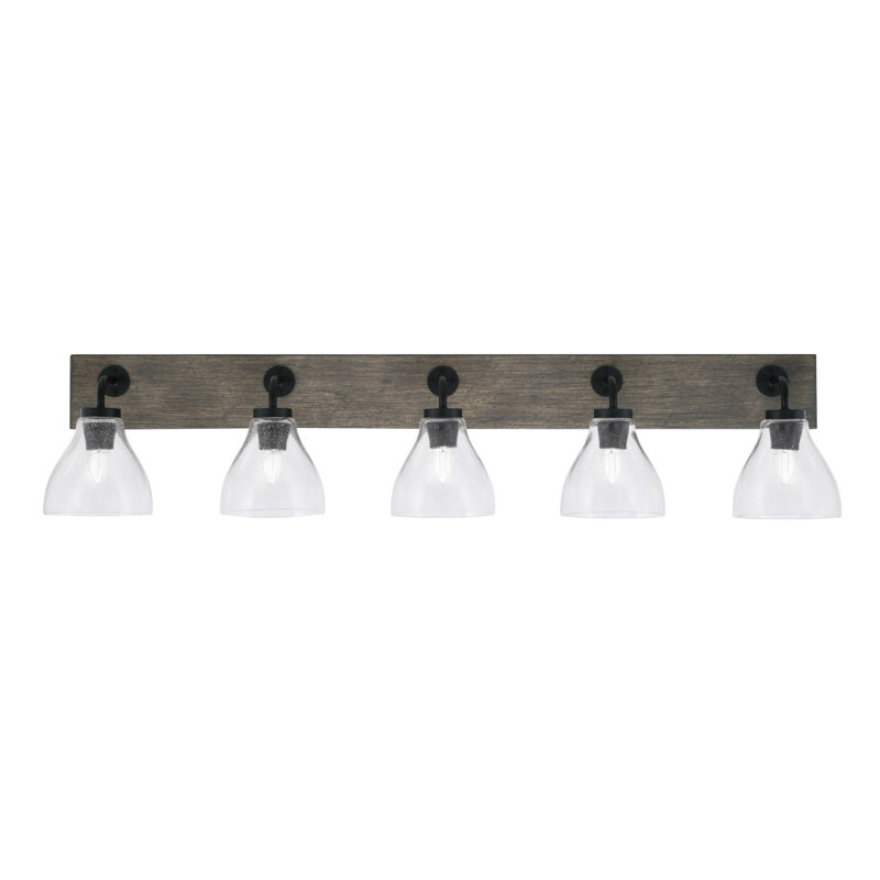 Applique murale Oxbridge à 5 lumières, fini métal noir mat et aspect bois vieilli, verre bullé transparent de 15,9 cm (6,25 po).