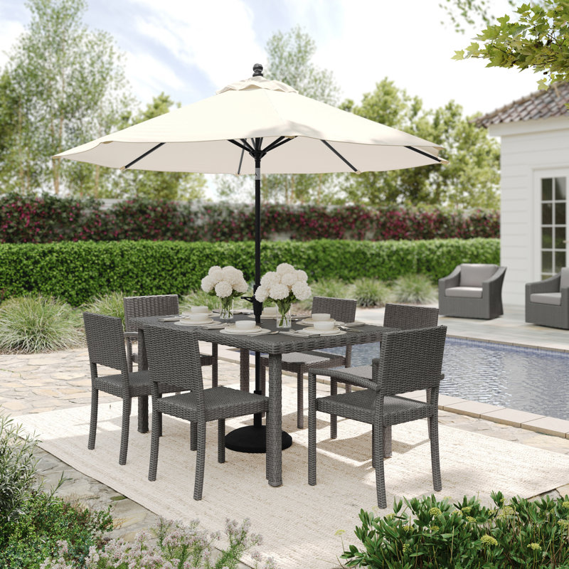 Gray Engineered Wood Top 7-Piece Dining Set with Rattan Wicker Chairs