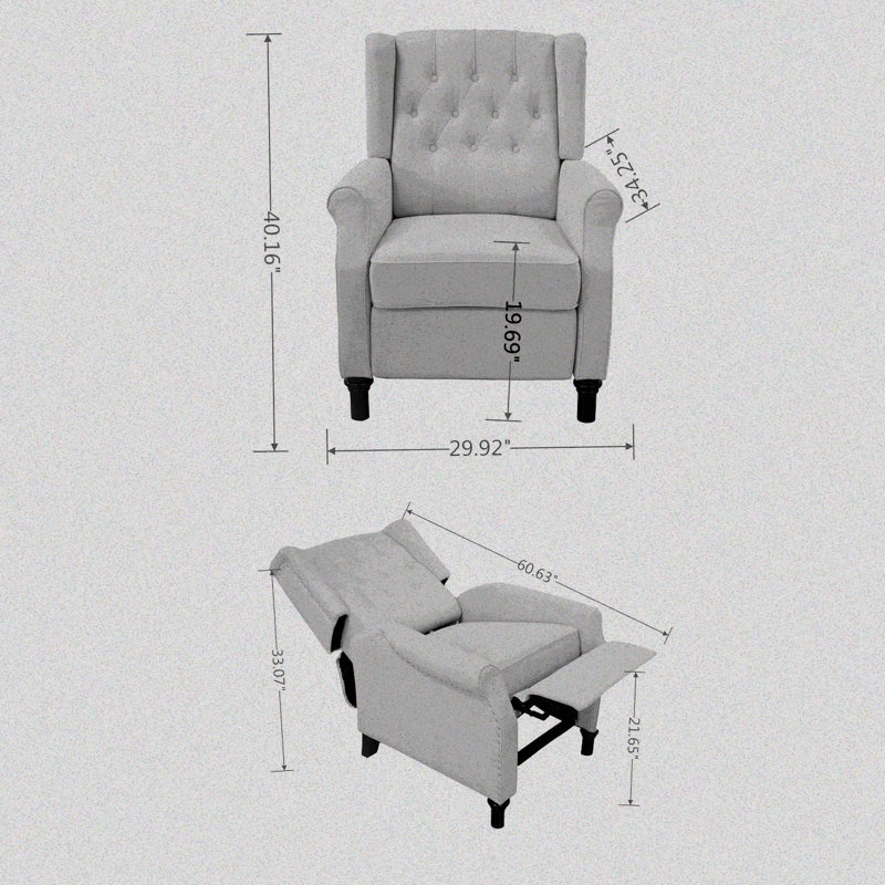 Wooden Frame Linen Recliner With Button Tufted Wingback, gris