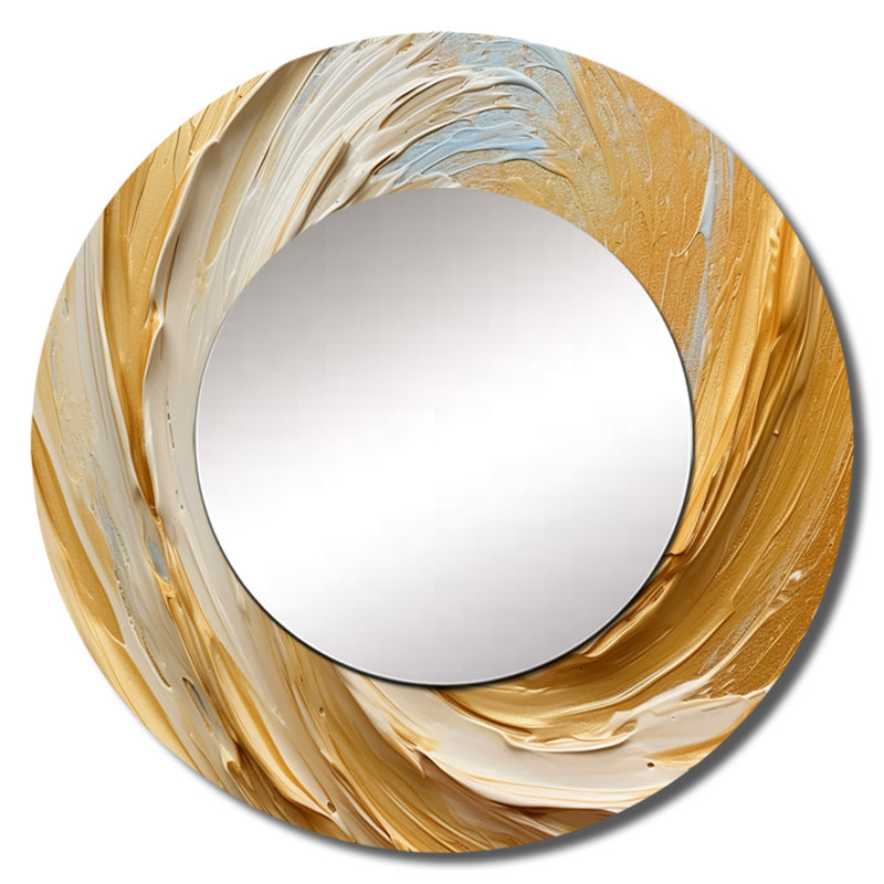 Gold Cream Infinite Swirls II - Abstract Spirals Decorative Wall Mirror, Modern Large Round Mirror, Printed Metal Art