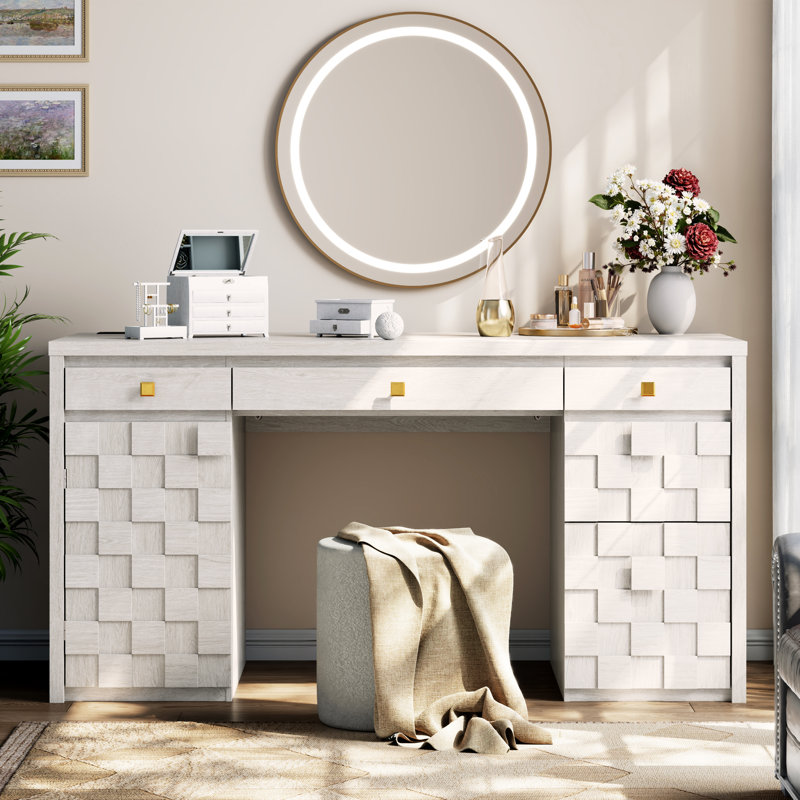Bureau à domicile de 58 po avec tiroirs, bureau de direction avec station de recharge et plateau à clavier, bureau d'écriture moderne avec tiroir de classement et armoire de rangement, bureau d'ordinateur en bois avec tablette réglable