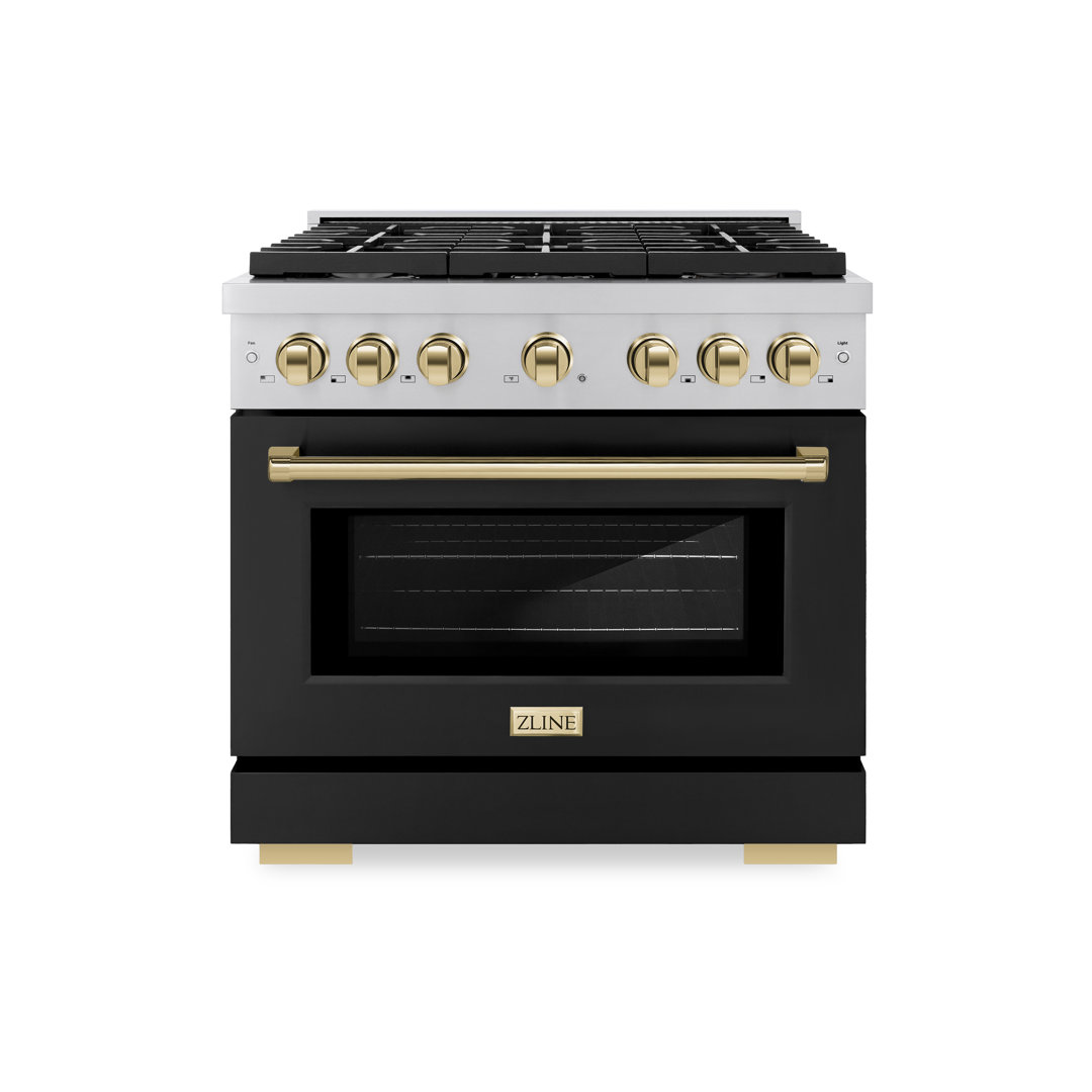 ZLINE Autograph Edition 36 in. 5.2 cu. ft. Paramount Gas Range W/ 6 Burner Cooktop & Convection Gas Oven in Stainless Steel W/ Black Matte Door & Champagne Bronze Accents (SGRZ-BLM-36-CB) ZLINE