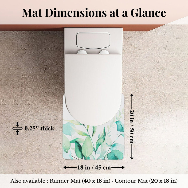 Decorative Contour Bath Mat 20x18 – Ultra Absorbent Quick Dry Rug with Anti-Slip Rubber Backing, White/Green Floral