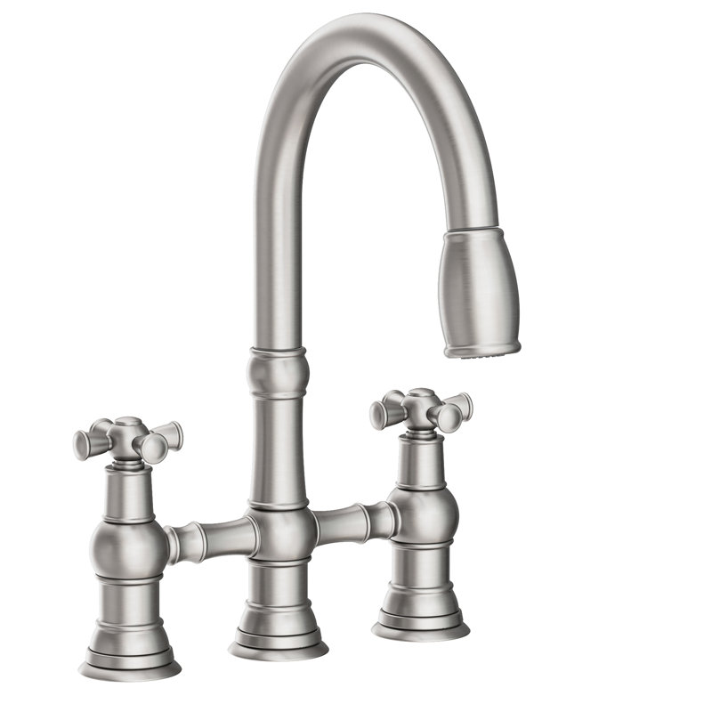 Jacobean Pull Down Kitchen Bridge Faucet, Cross Handle, Stainless Steel
