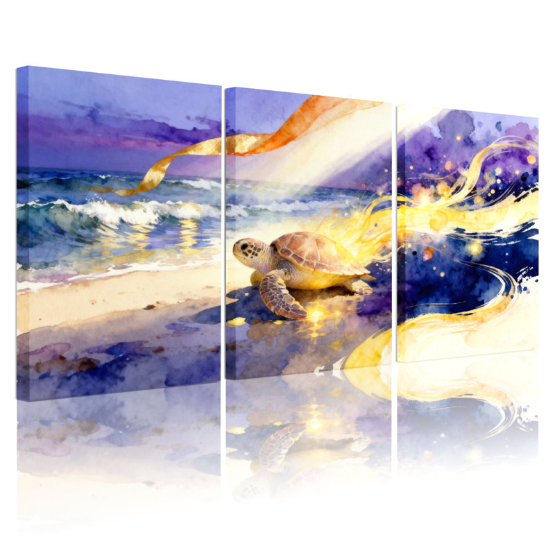 Tortue de mer et vagues dorées, ensemble de 3 reproductions d'art sur toile, H 24 po x l 48 po