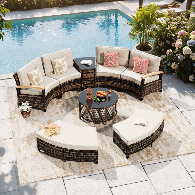 8 Piece Outdoor Patio Furniture Set, Half-Moon Curved Sectional Sofa Rattan Conversation Set With Wood Armrests, 2 Half-Moon Ottoman,Coffee Table & Side Table