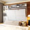 Grand lit escamotable mural avec canapé, tablettes USB et luminaires, blanc