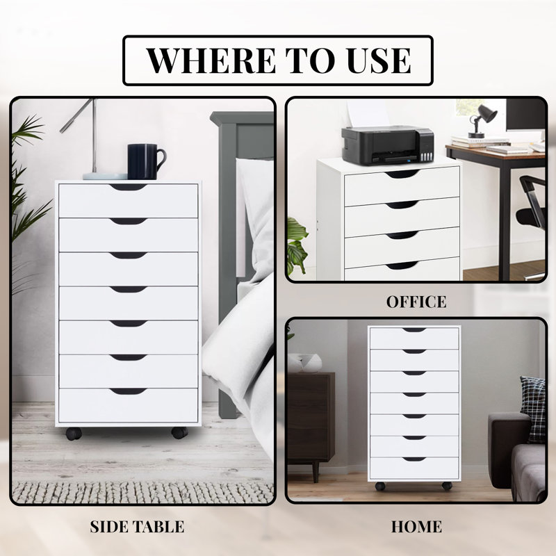 7-Drawer File Cabinet for Office Storage, File Cabinet on Wheels, Desk File Cabinet Unit, Wooden Office Drawer, White