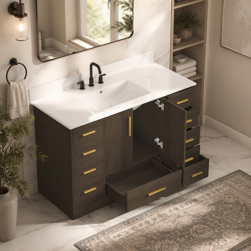 Meuble-lavabo de 48 po brun foncé. Armoire de rangement abondante - 2 portes à fermeture douce et 9 tiroirs