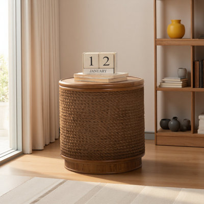 Round Rattan Coffee Table With Lift-Off Lid Storage, Hand-Woven Hemp Rope Trim, Boho-Chic Style