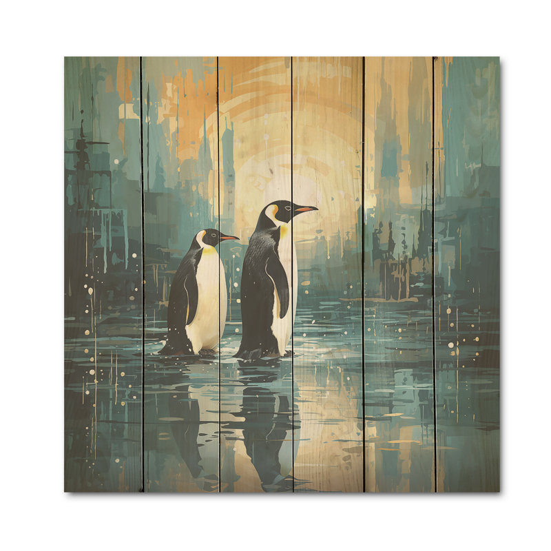 Couple de pingouins élégance dans la neige - Art sur bois de pin pingouin naturel, H 36 po x l 36 po