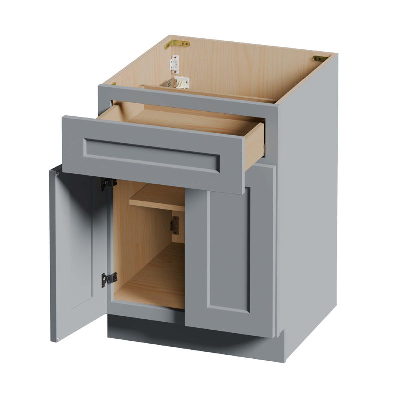 Armoire de base 24 po Shaker gris, unité de rangement en bois massif avec porte et tiroir à fermeture en douceur, tablette réglable pour le garage de salle de bain, l 24 po x P 24 po x H 34,5 po