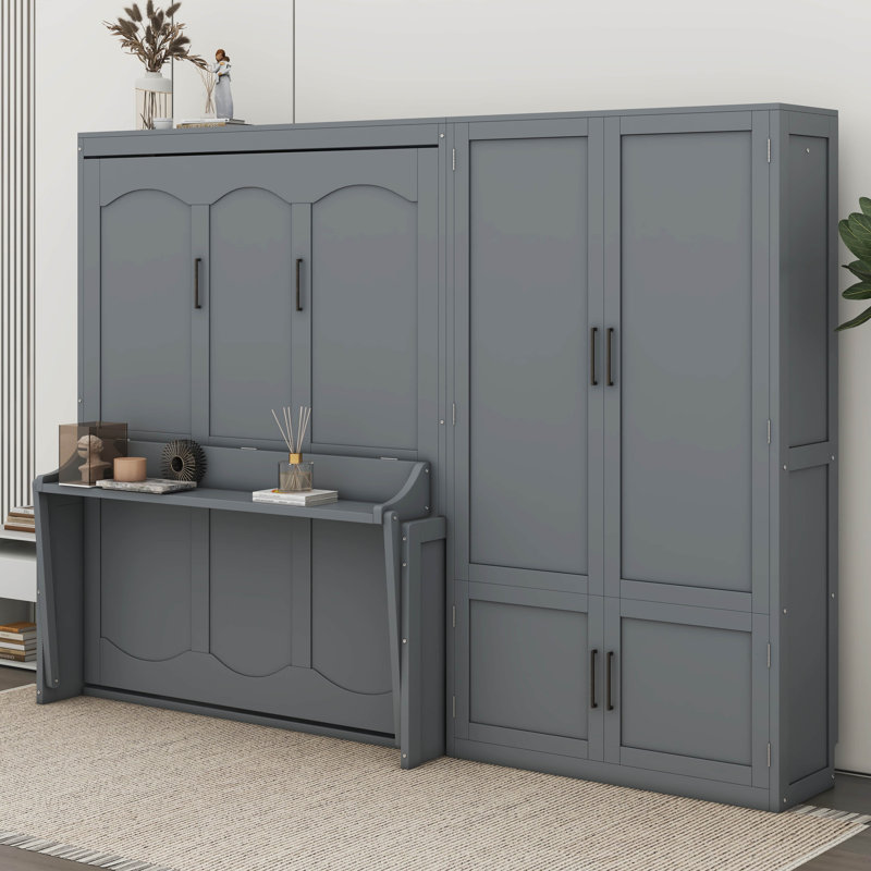 Grand lit escamotable mural avec placard, gris