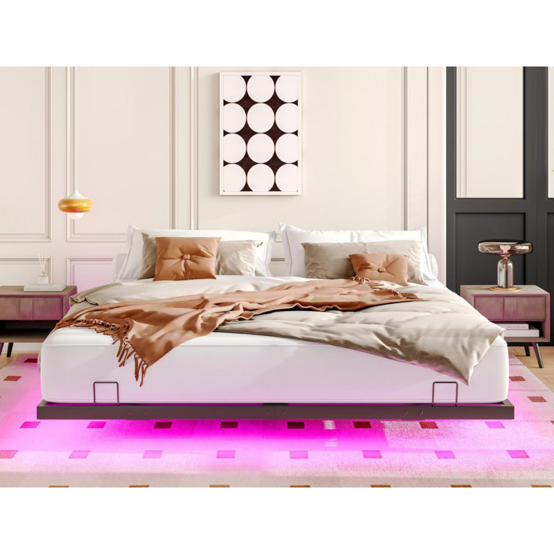 Queen Size Floating Bed Frames With Led Lights, Solid And Stable Metal Platform Bed