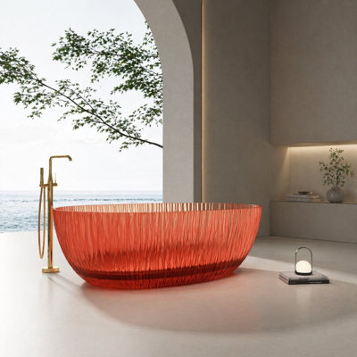 Baignoire autoportante 67 po en résine, rouge clair transparent, texture verticale irrégulière, design sculptural moderne