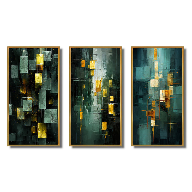 Emerald Reflections Abstract Cubist - Ensemble de 3 peintures abstraites, Cadre flottant doré, H 40 po x l 60 po
