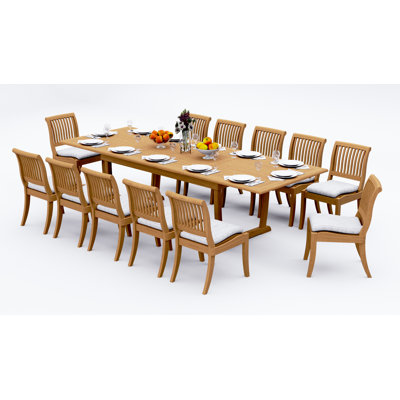 9 Pcs Grade-A Teak Wood Dining Set: 118" Double Extension Mas Rectangle Trestle Leg Table And Appel Stacking Armless Chairs #11AB2500