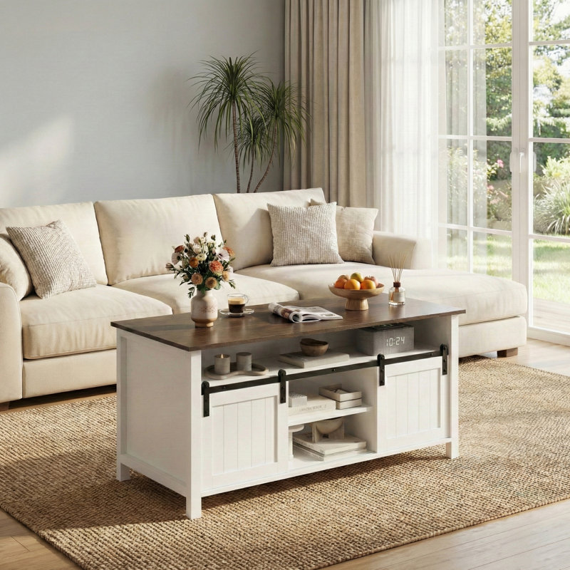Farmhouse Coffee Table With Storage, Rustic Living Room Table With Sliding Barn Doors & Hidden Compartment, Wooden Center Table For Living Room, White