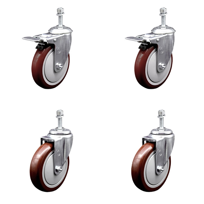 Ensemble de roulettes à tige pivotante en polyuréthane 5 pouces, 10 mm, 2 freins à verrouillage total