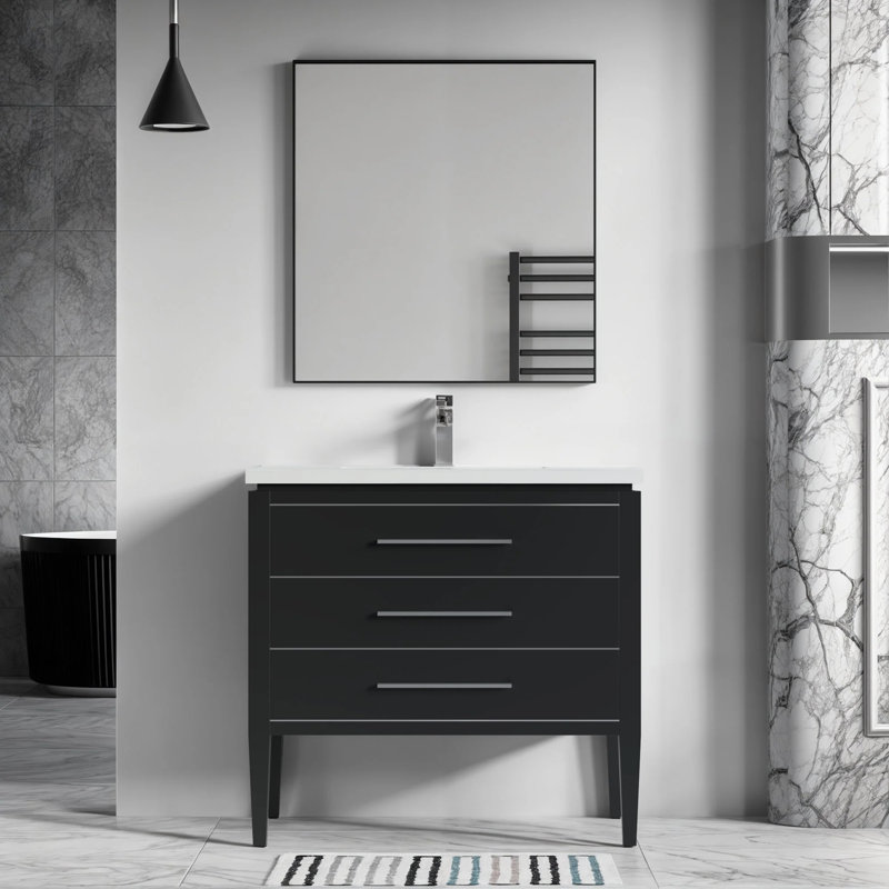 Shikhare 36'' Single Bathroom Vanity with White Ceramic Top – Soft Close Drawers & Freestanding Design, Black/Silver