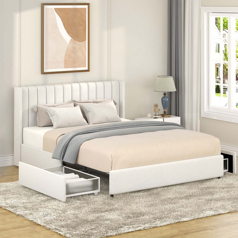 Lit plateforme tapissier Boucle avec rangement à tiroirs breveté, support de matelas à lattes en bois, aucun sommier nécessaire