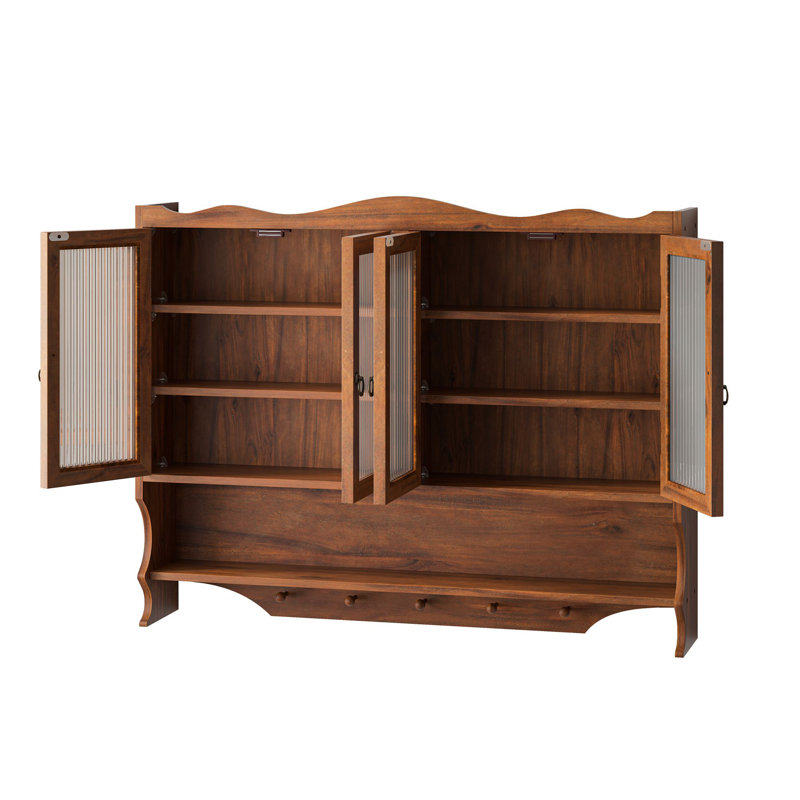 Armoire murale 39,37 po à 4 portes rétro, avec deux niveaux de rangement et un support à crochets ouverts, convient aux salles de bain, cuisines, salles à manger, brun