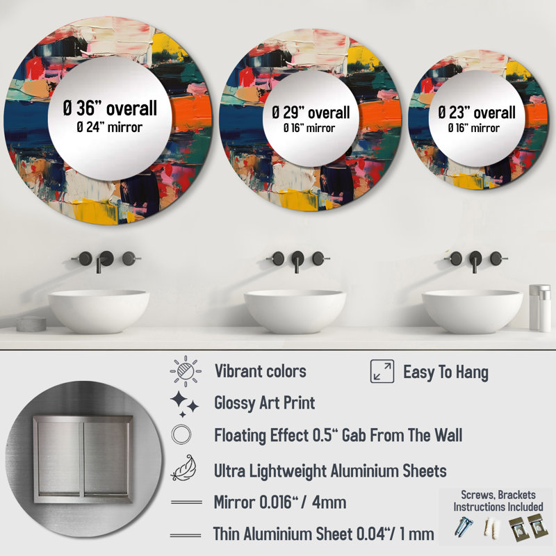 «Red Blue Cubist Fusion - Cubism Unique Wall Mirror, Red Round Mirror, Printed Metal Art, 36 po x 36 po