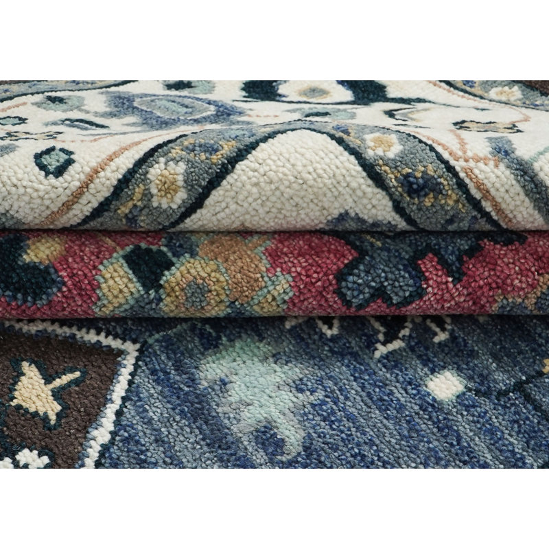Tapis traditionnel rose en laine noué à la main 9 x 11 pi 11 po bleu Oushak, Rectangle 9 pi x 11 pi 11 po, Rose