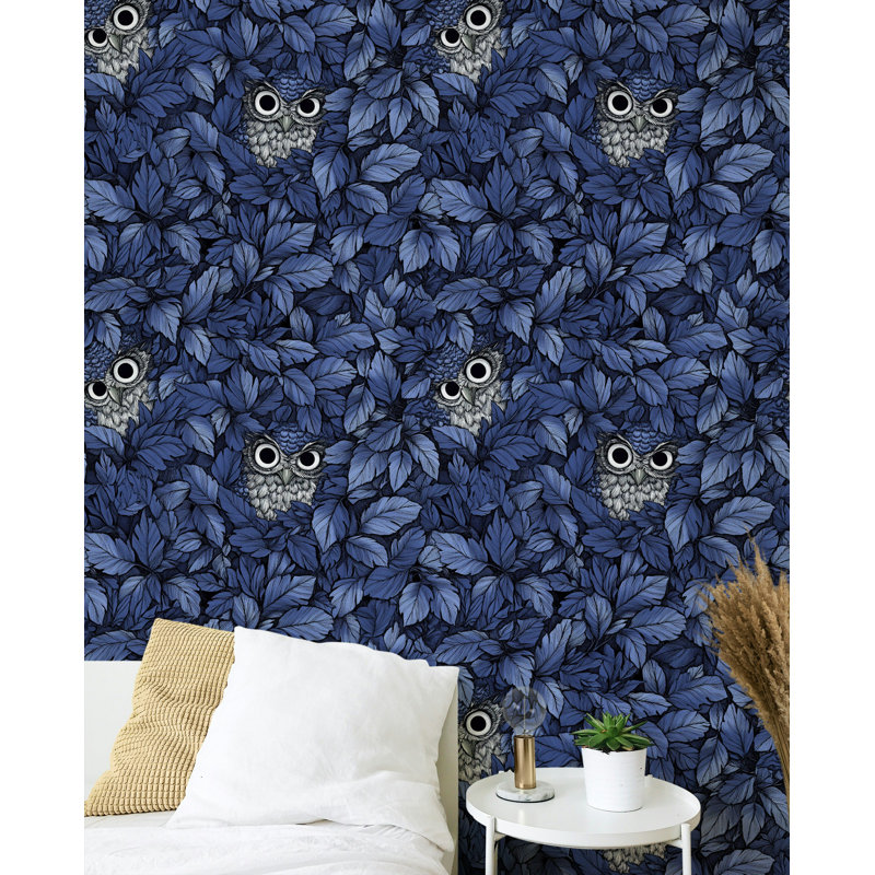 Dark Blue Owl and Leaf Pattern Wallpaper Enchanted Forest Themed Wall Mural